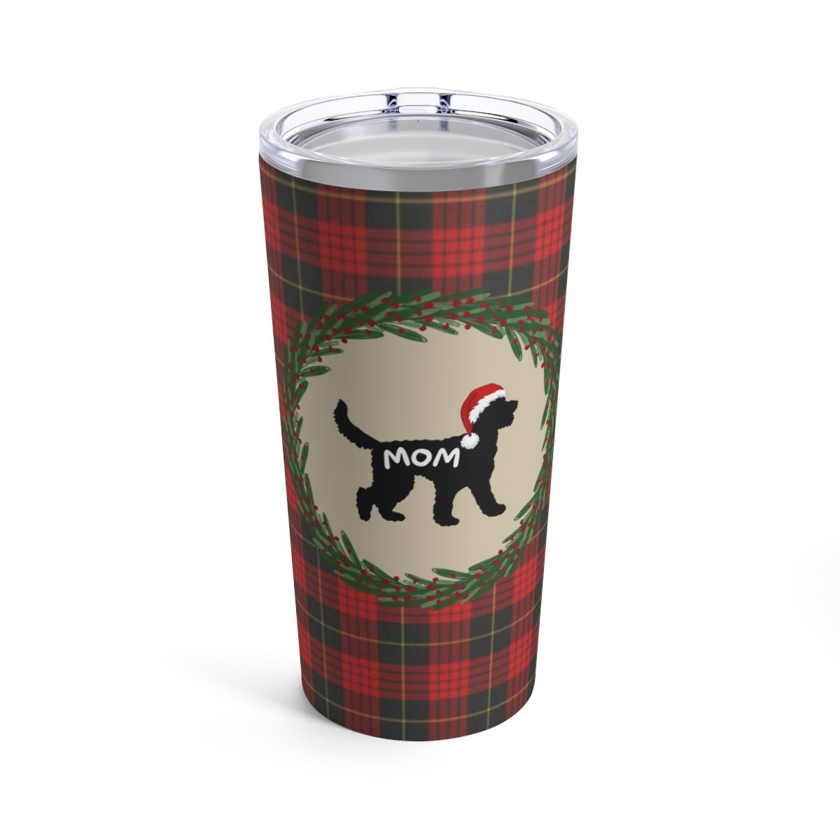 Doodle Mom Christmas Tumbler - Red Plaid With Doodle Dog Silhouette, Stainless Travel Size, 20oz, Perfect Holiday Gift for Doodle