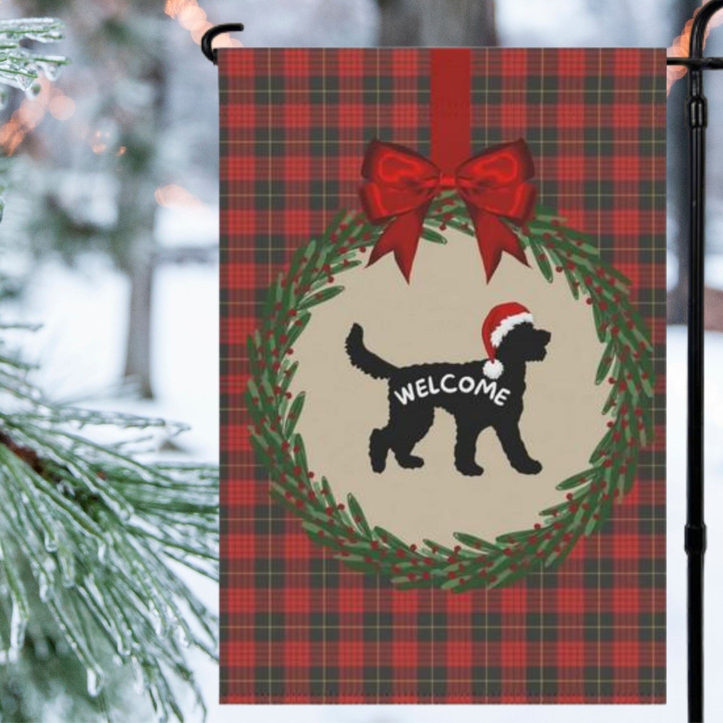 Doodle Dog Christmas Yard Flag - Holiday Gift Idea for Doodle Mom or Dad, Welcome Sign, Silhouette Represents Most Doodle Breeds