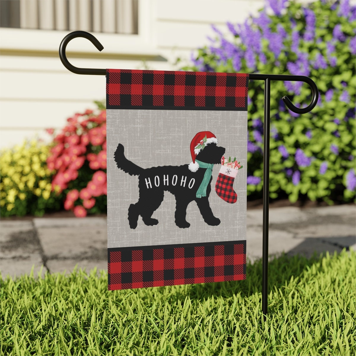 Doodle Dog Silhouette Christmas Santa HoHoHo Flag - Holiday Gift Idea for Doodle Mom or Dad Owner, Goldendoodle, Bernedoodle, Etc.