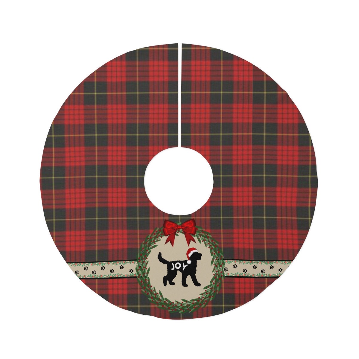 Doodle Dog Silhouette Christmas Tree Skirt - Red Plaid Holiday Decoration, Round 57", Doodle Dog Christmas Decor, Dog Tree Skirt