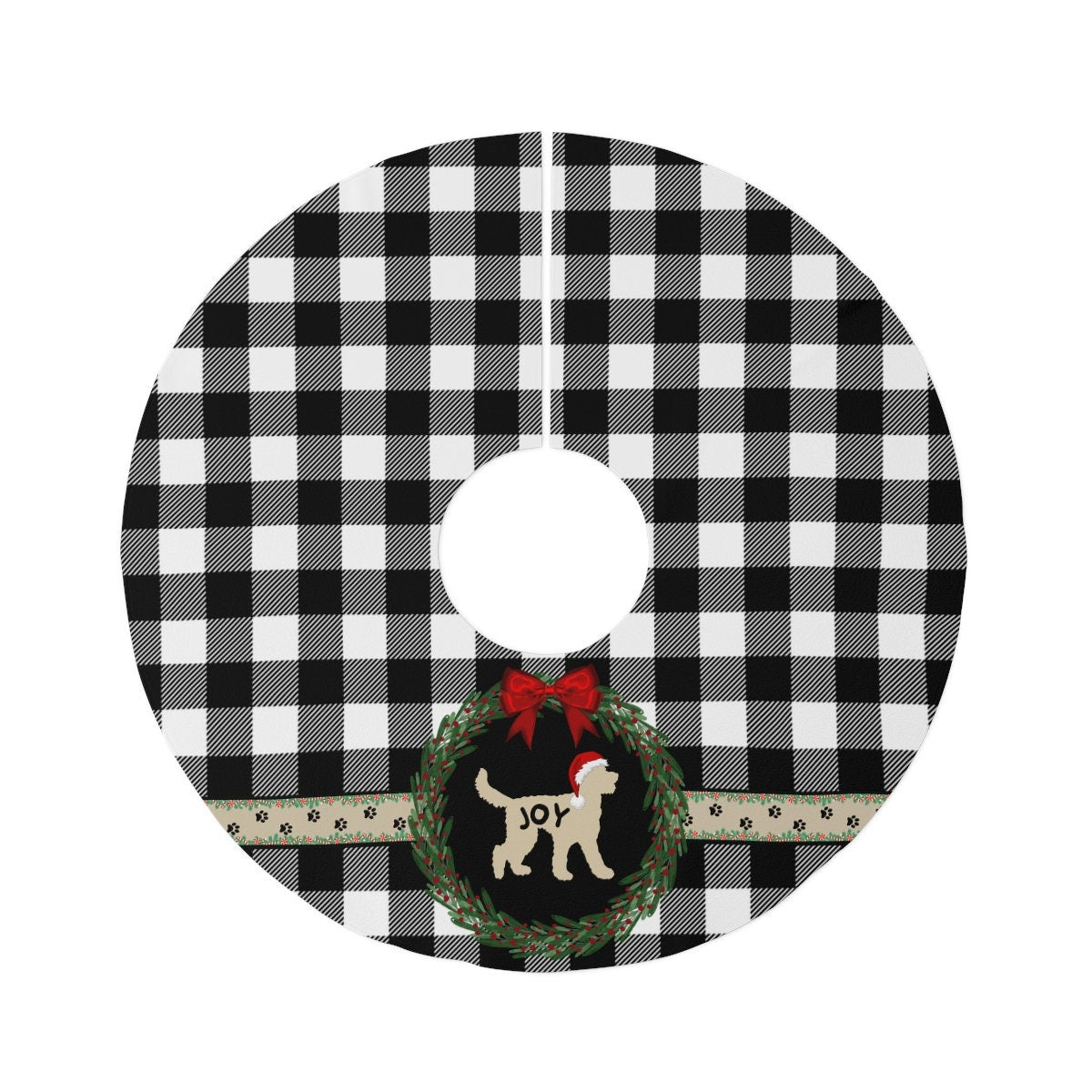 Doodle Dog Silhouette Christmas Tree Skirt - Buffalo Check Holiday Decoration, Round 57", Doodle Dog Christmas Decor