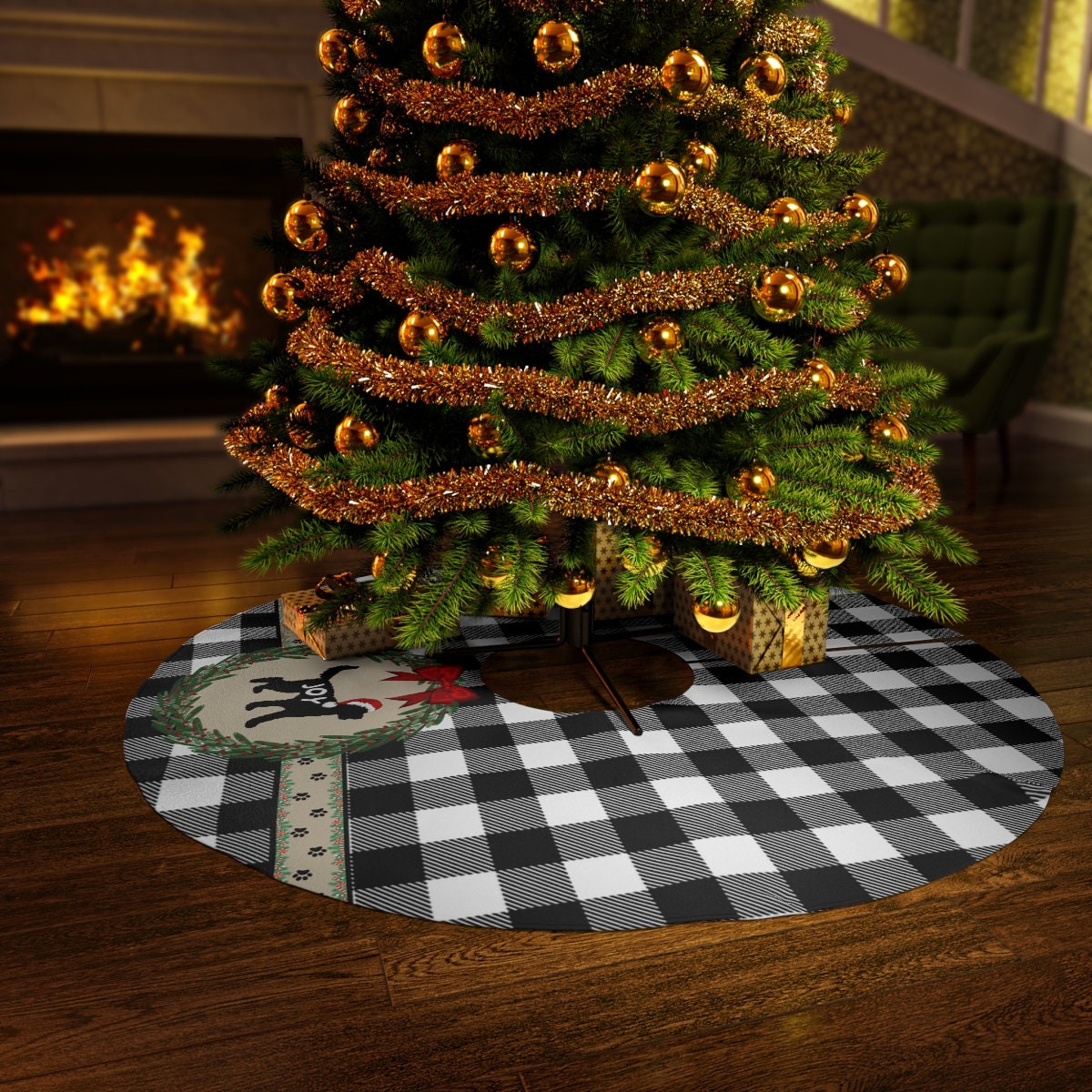 Doodle Dog Silhouette Christmas Tree Skirt - Buffalo Check  Holiday Decoration, Round 57", Doodle Dog Christmas Decor