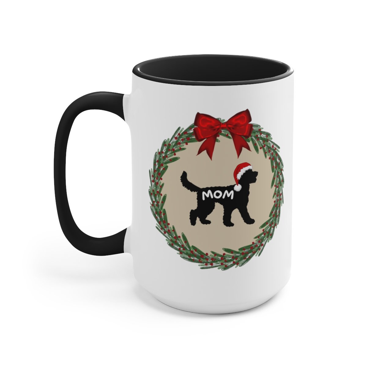 Doodle Dog Mom Christmas Mug - Doodle Silhouette Represents Most Doodle Breeds, Perfect Doodle Mom Gift, Two-Tone Coffee Mug, 15oz