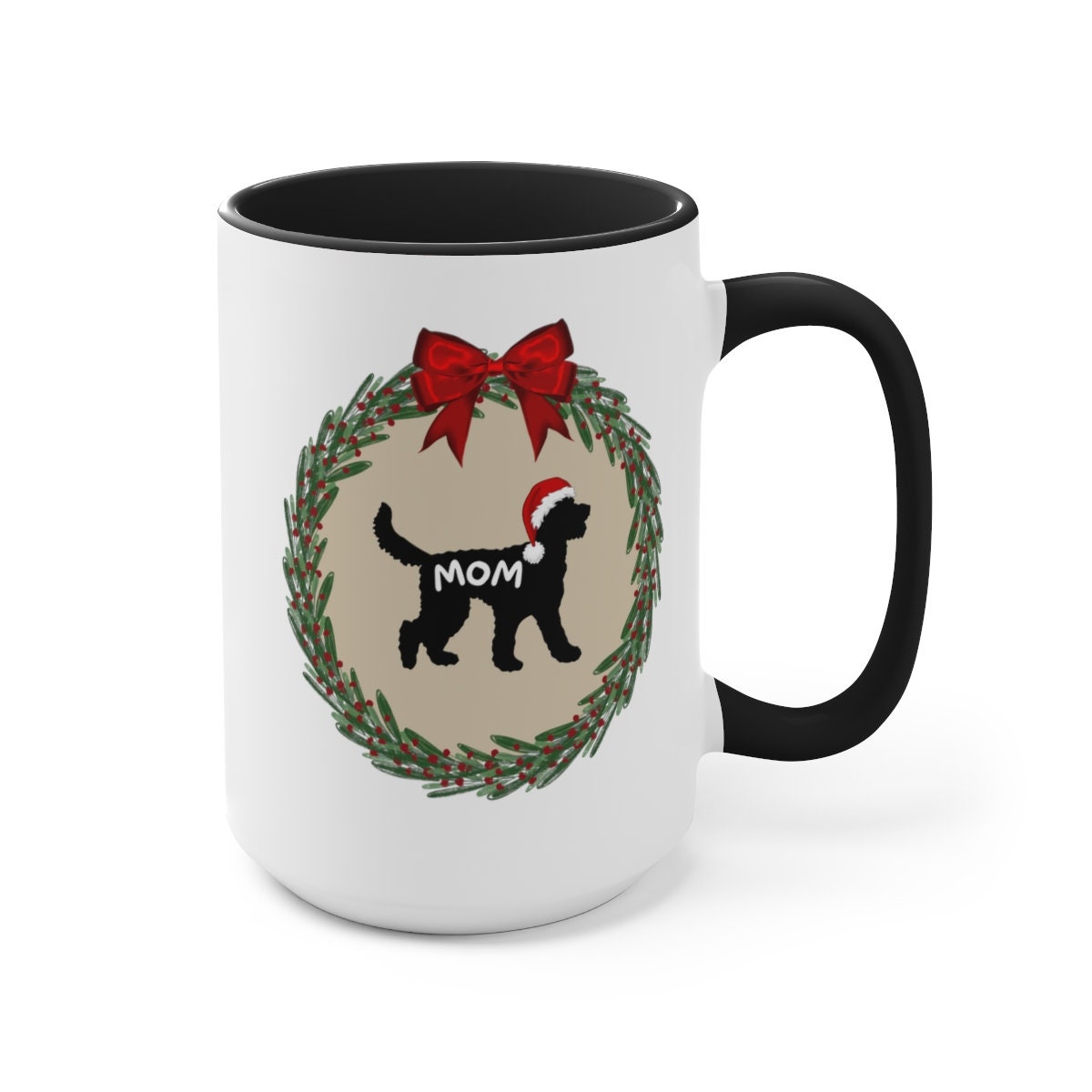 Doodle Dog Mom Christmas Mug - Doodle Silhouette Represents Most Doodle Breeds, Perfect Doodle Mom Gift, Two-Tone Coffee Mug, 15oz