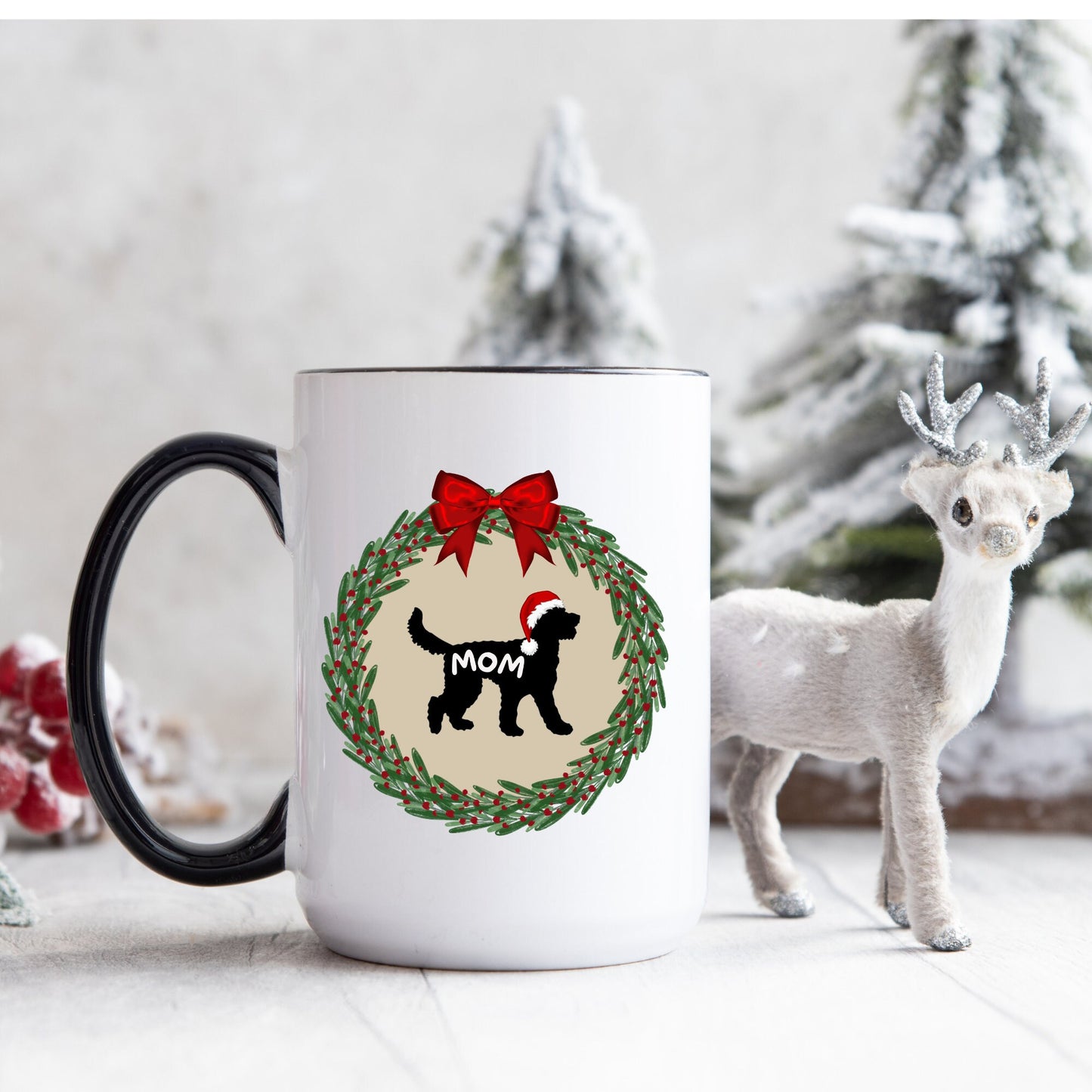 Doodle Dog Mom Christmas Mug - Doodle Silhouette Represents Most Doodle Breeds, Perfect Doodle Mom Gift, Two-Tone Coffee Mug, 15oz