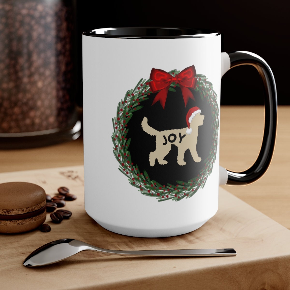 Doodle Dog Joy Christmas Mug - Tan Doodle Silhouette Represents Most Doodle Breeds, Perfect Doodle Lover Gift, Two-Tone Coffee Mug