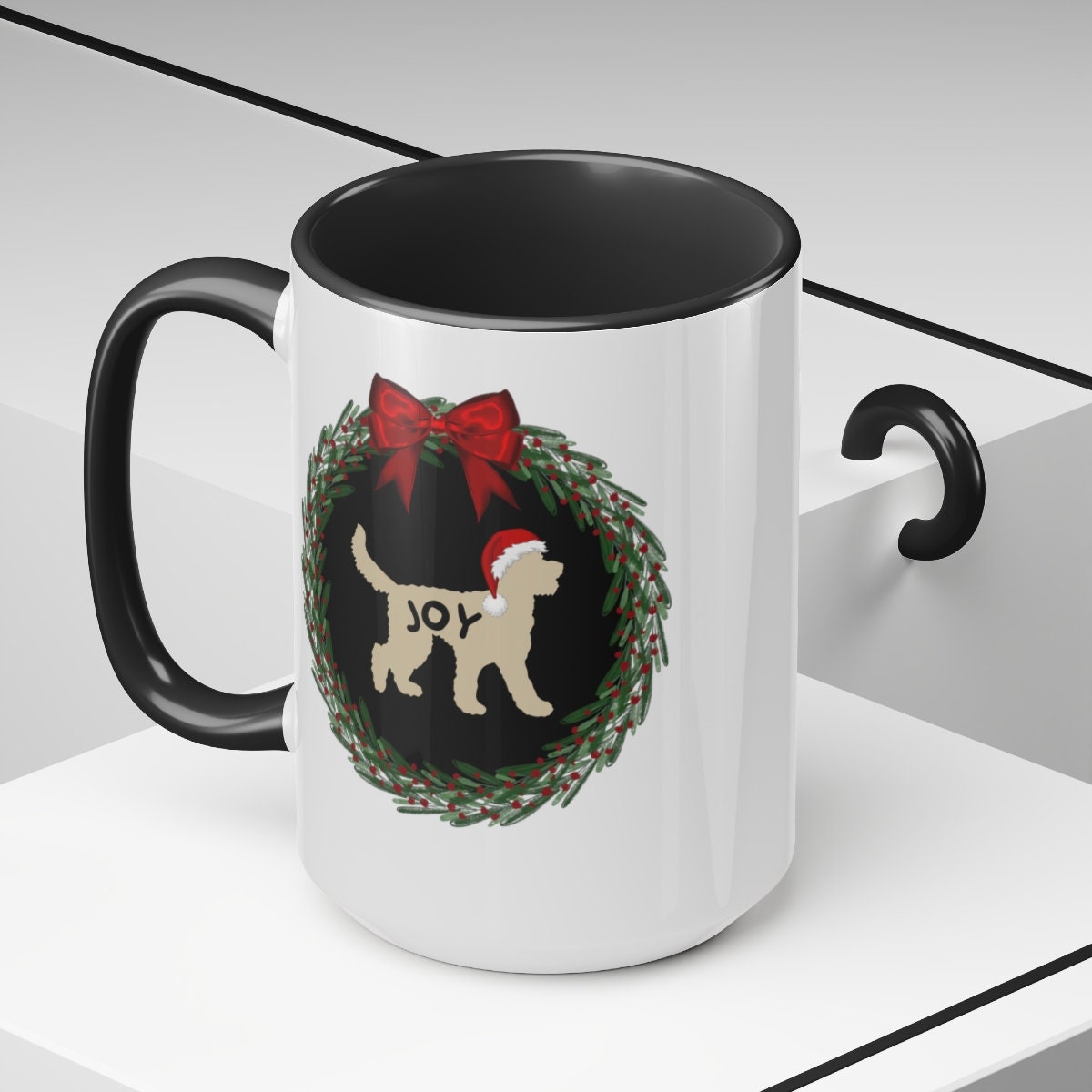 Doodle Dog Joy Christmas Mug - Tan Doodle Silhouette Represents Most Doodle Breeds, Perfect Doodle Lover Gift, Two-Tone Coffee Mug