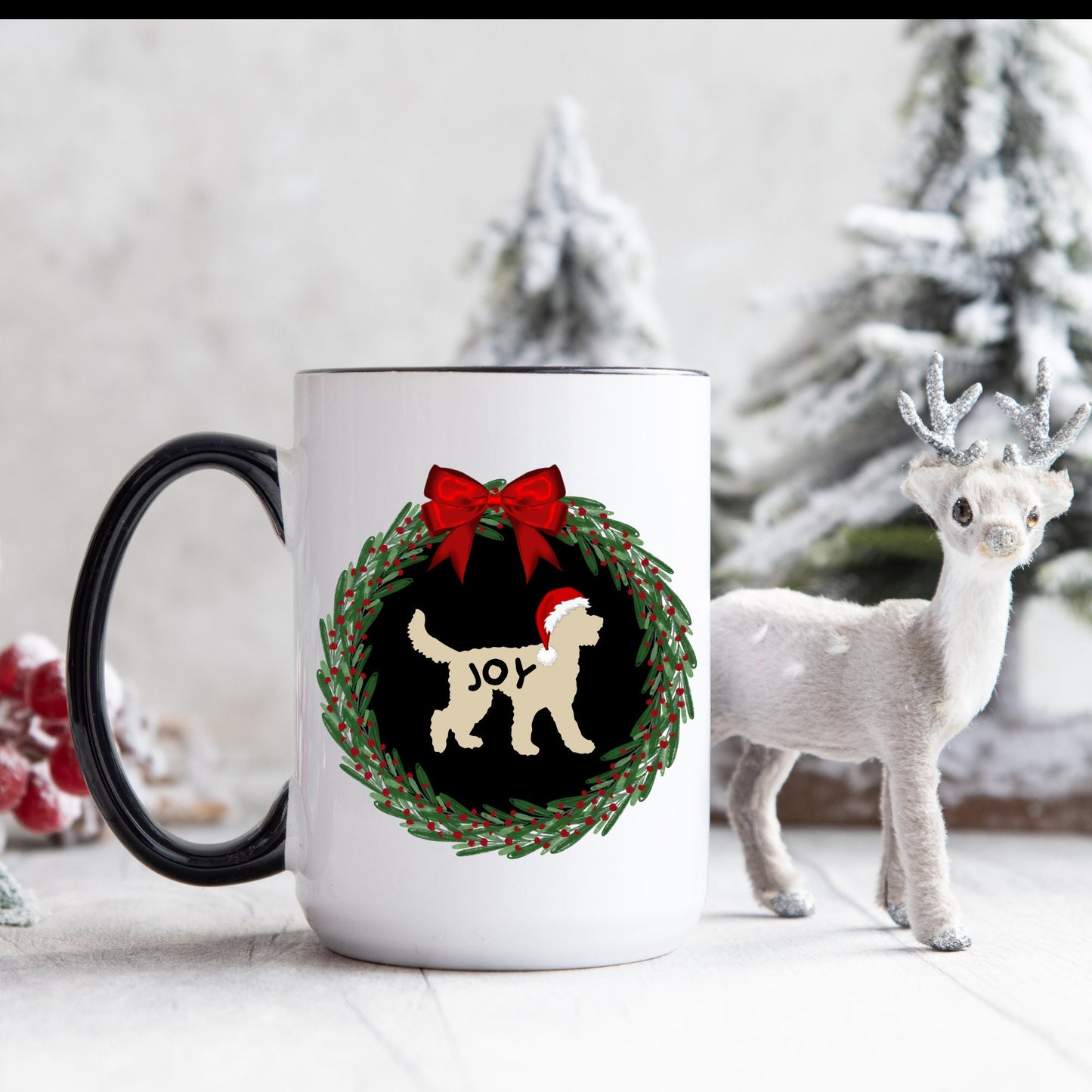 Doodle Dog Joy Christmas Mug - Tan Doodle Silhouette Represents Most Doodle Breeds, Perfect Doodle Lover Gift, Two-Tone Coffee Mug