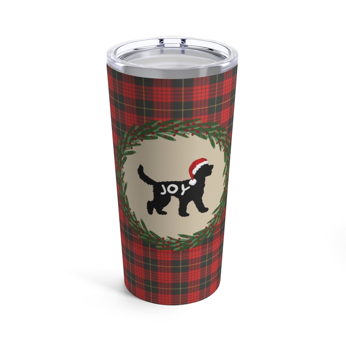 Doodle Dog Christmas Tumbler - Red Plaid With Doodle Silhouette  "joy", Stainless Travel Size, 20oz, Perfect Holiday Gift for Dood