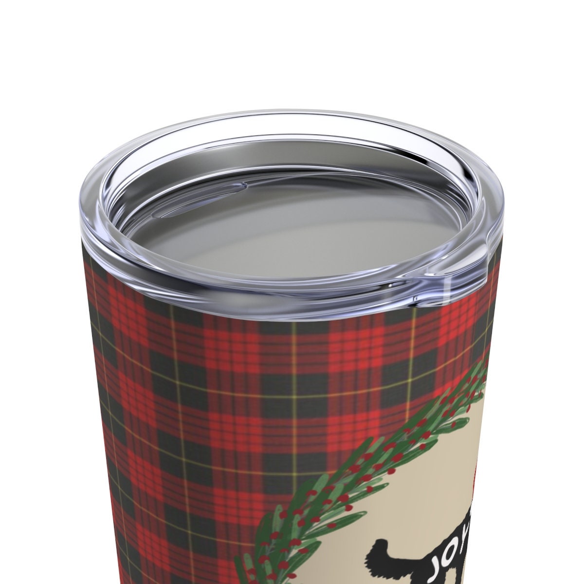 Doodle Dog Christmas Tumbler - Red Plaid With Doodle Silhouette  "joy", Stainless Travel Size, 20oz, Perfect Holiday Gift for Dood