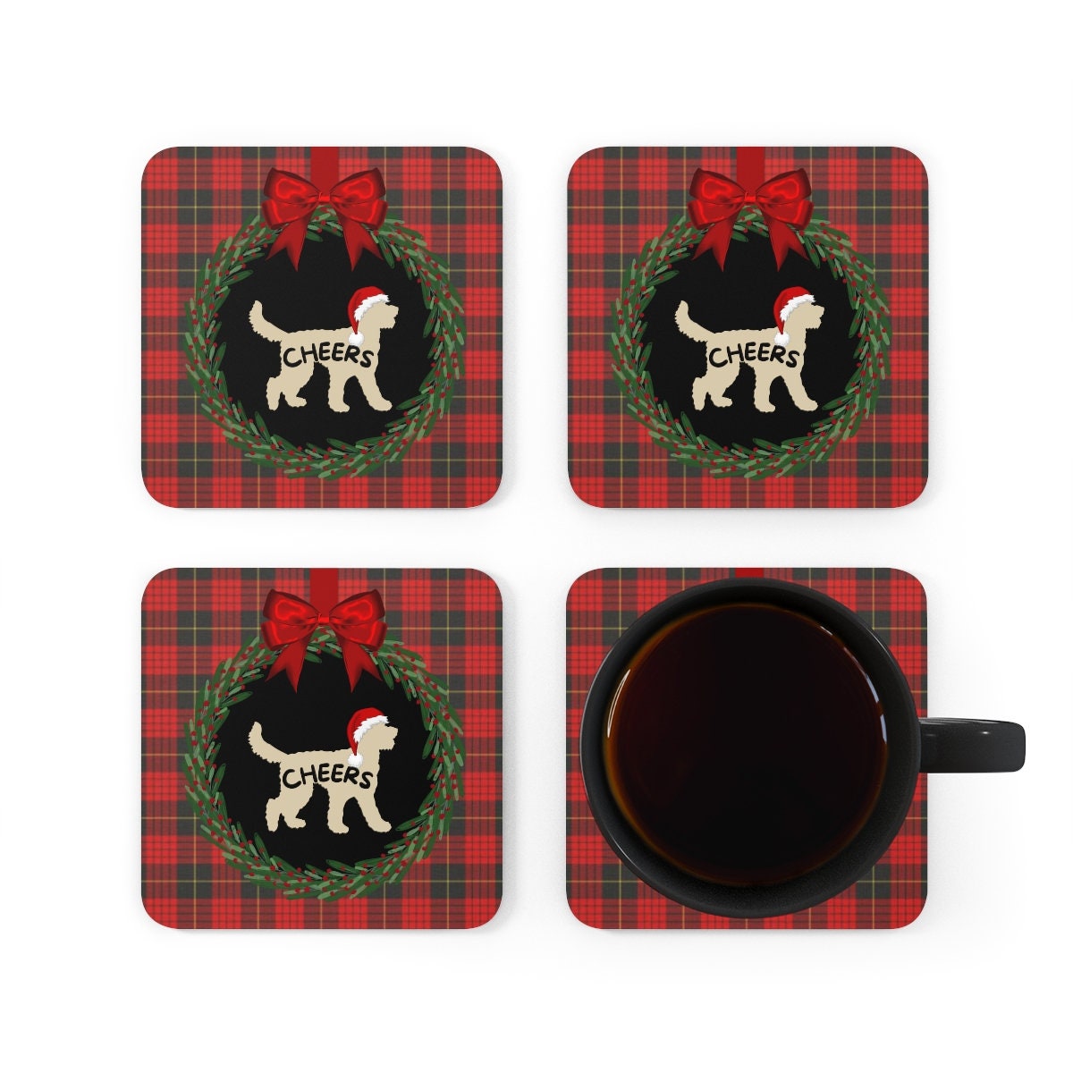 Doodle Dog Christmas Coaster Set - Tan Doodle Silhouette Represents Most Doodle Breeds, Doodle Mom and Dad Holiday Gift Idea, 4 Co