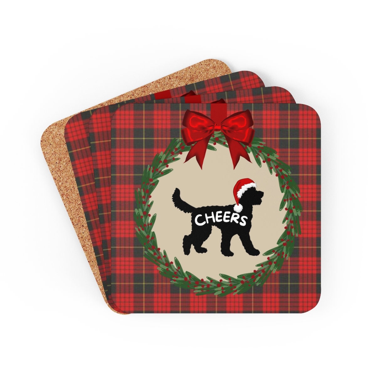 Doodle Dog Christmas Coaster Set - Doodle Silhouette Represents Most Doodle Breeds, Doodle Mom and Dad Holiday Gift Idea, 4 Corkwo