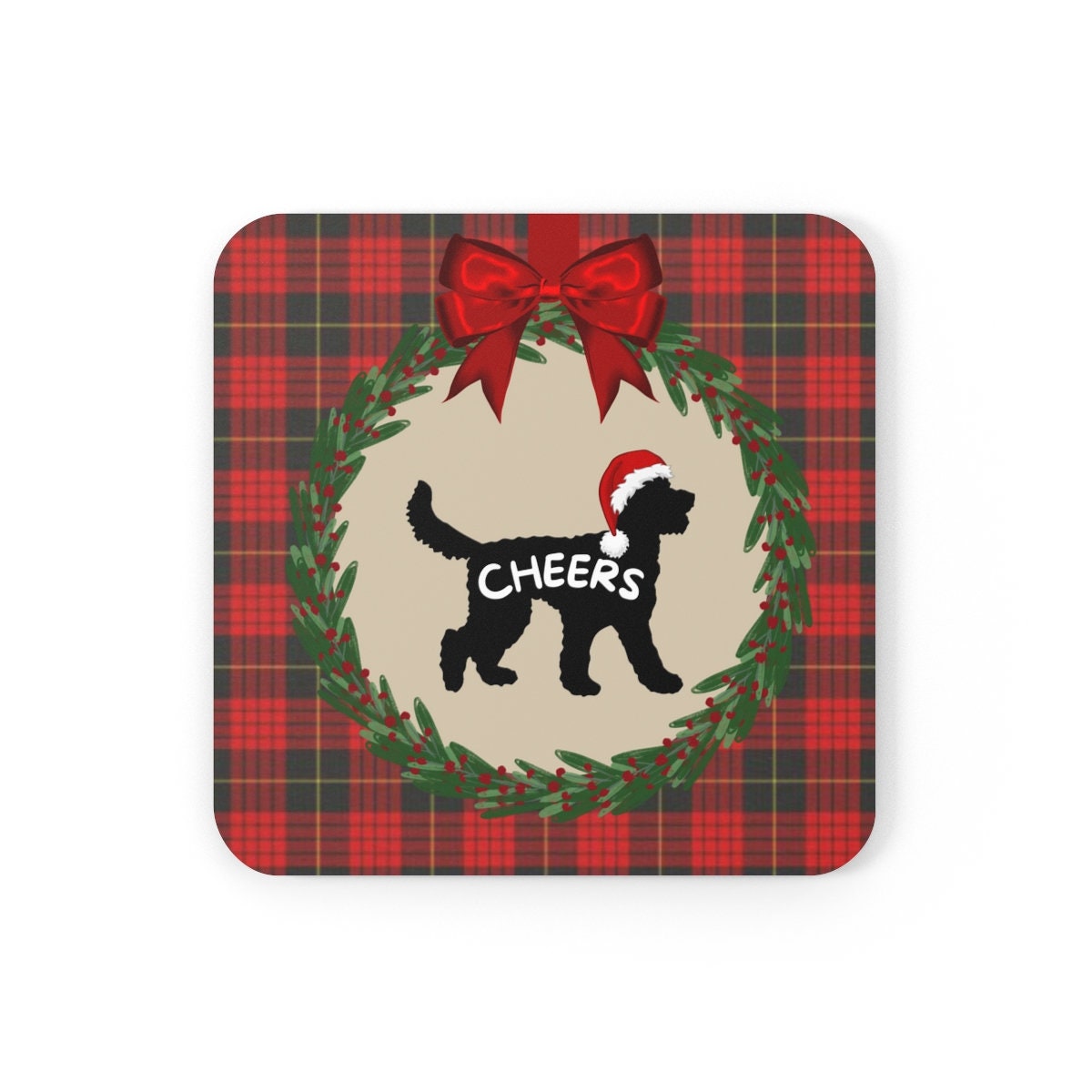 Doodle Dog Christmas Coaster Set - Doodle Silhouette Represents Most Doodle Breeds, Doodle Mom and Dad Holiday Gift Idea, 4 Corkwo