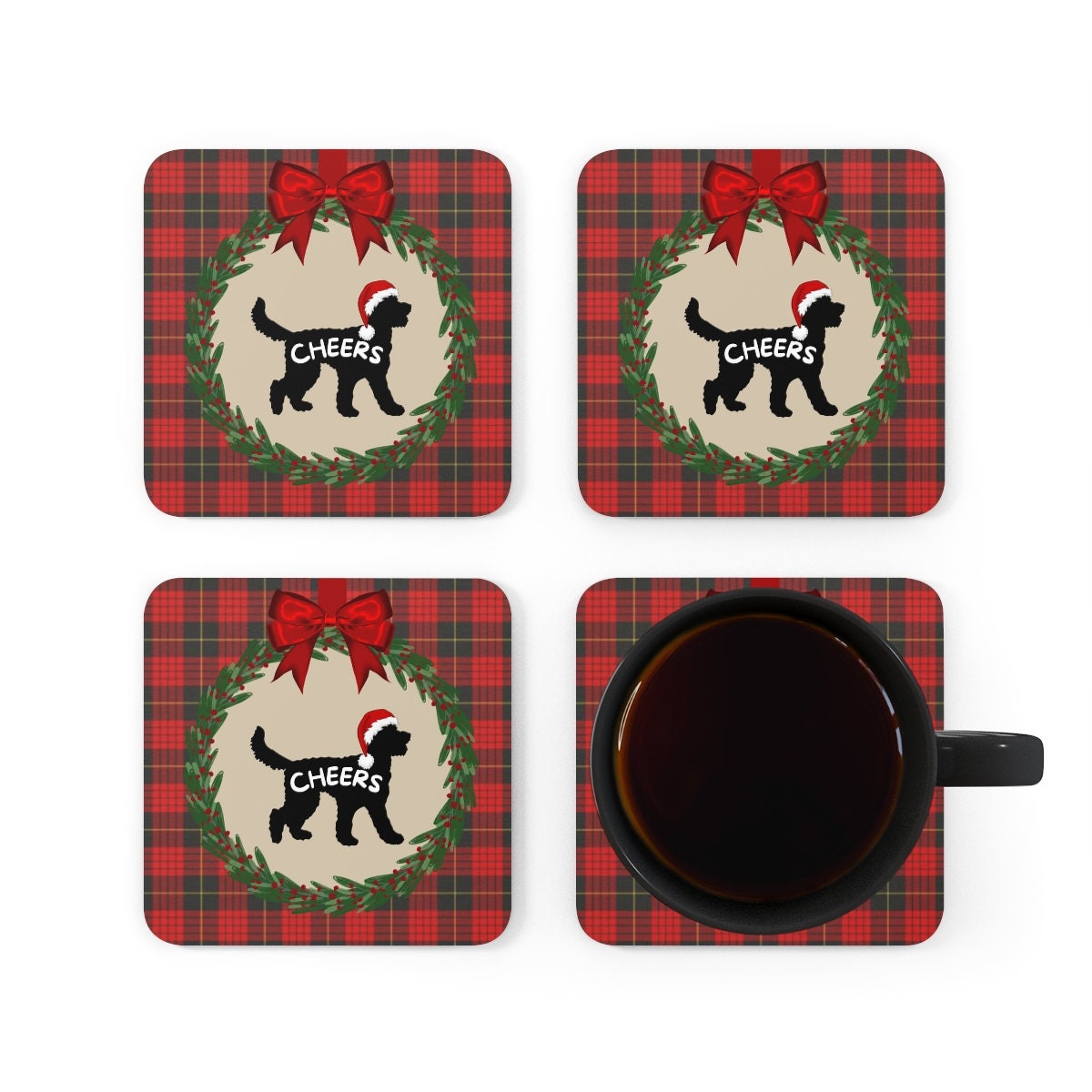 Doodle Dog Christmas Coaster Set - Doodle Silhouette Represents Most Doodle Breeds, Doodle Mom and Dad Holiday Gift Idea, 4 Corkwo