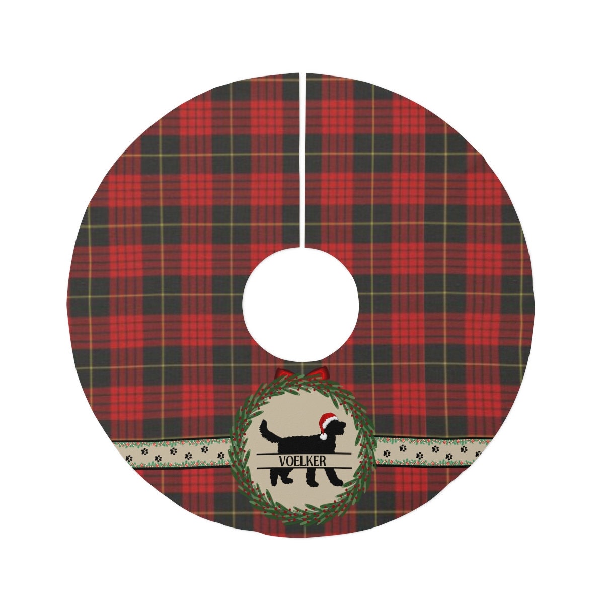 Doodle Dog Silhouette Christmas Tree Skirt - Red Tartan Plaid Holiday Decoration, Round 57", Doodle Dog Christmas Decor