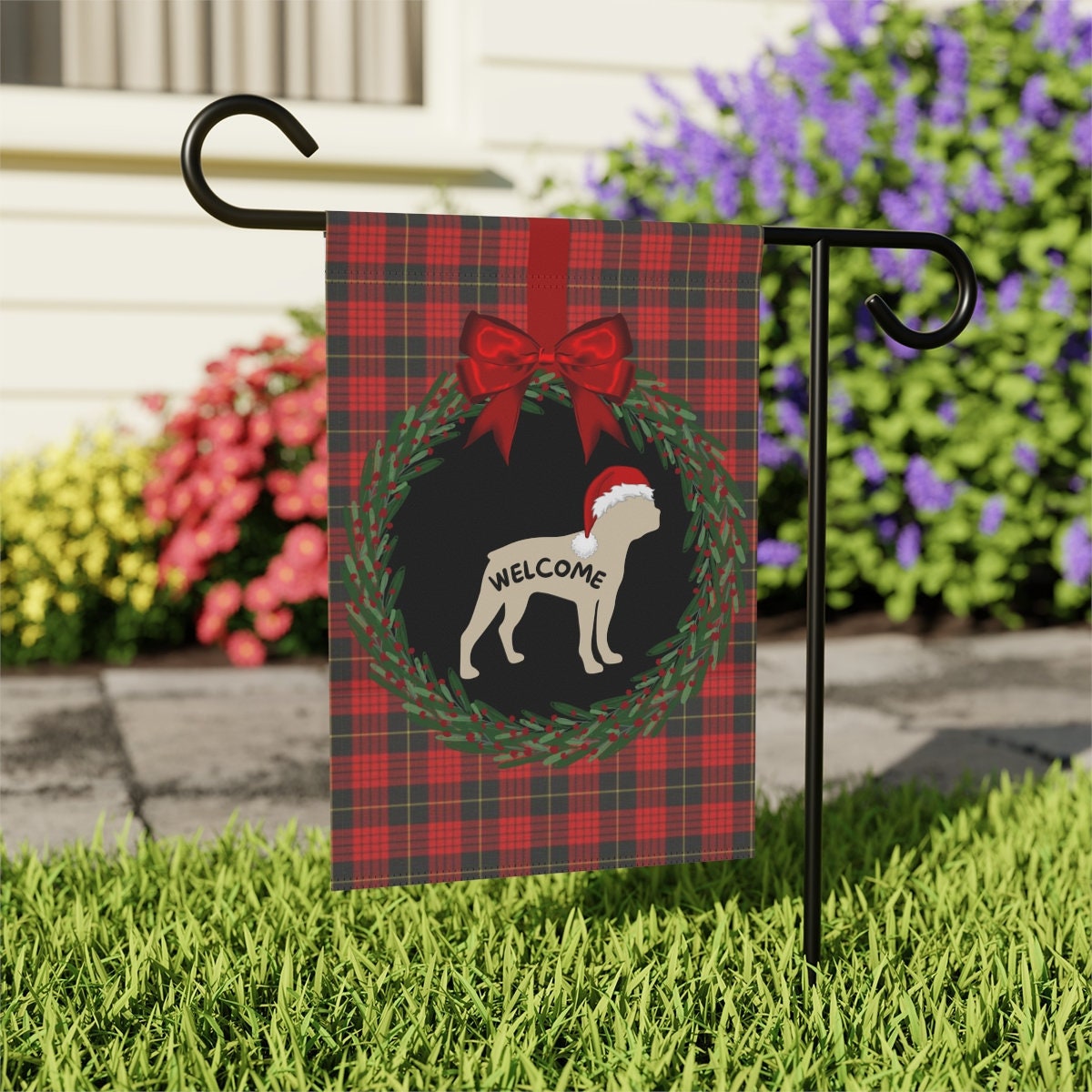 Boston Terrier Christmas Yard Flag - Holiday Gift Idea for Boston Terrier Mom or Dad, 12" X 18"  Welcome Sign, *Flag Stand Not Inc