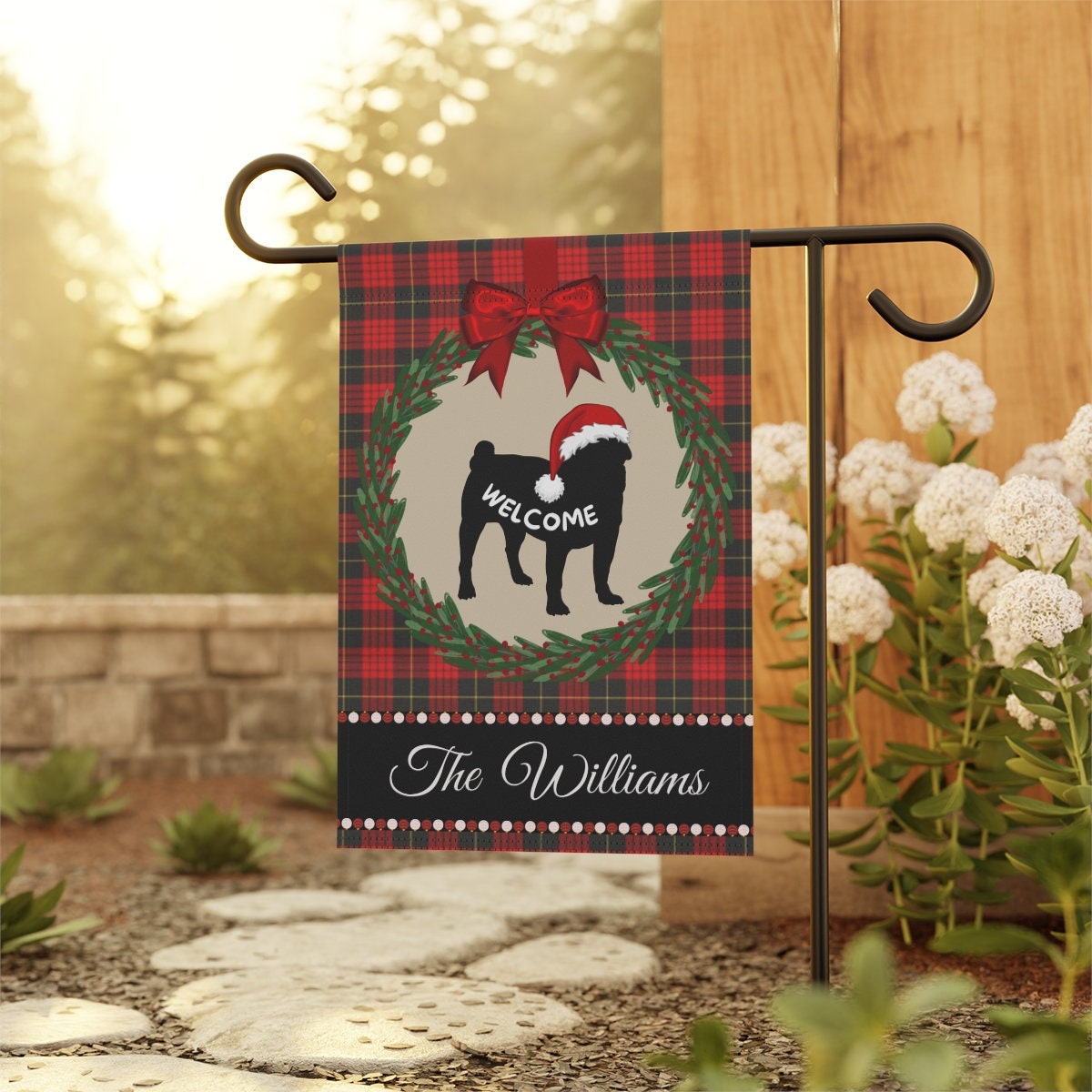 Personalized Pug Christmas Yard Flag - Holiday Gift Idea for Pug Mom or Dad, Dog Holiday Welcome Sign, Size 12"x18" -Stand Not Inc