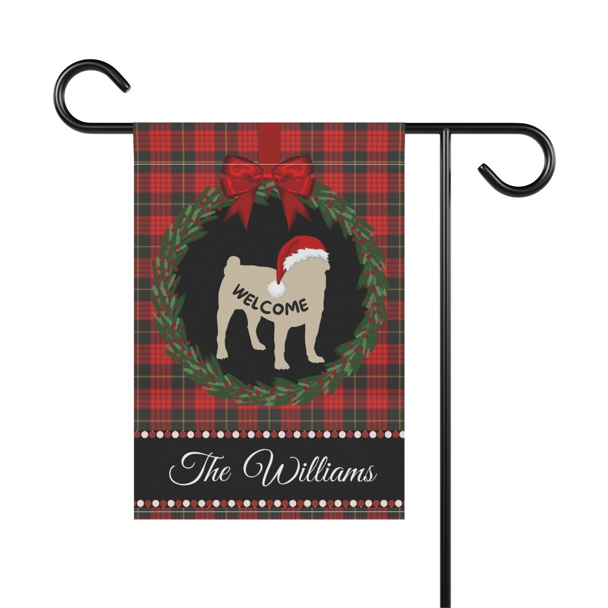 Personalized Pug  (tan) Christmas Yard Flag - Holiday Gift Idea for Pug Mom or Dad, Dog Welcome Sign, Size 12"x18" Stand Not Inclu