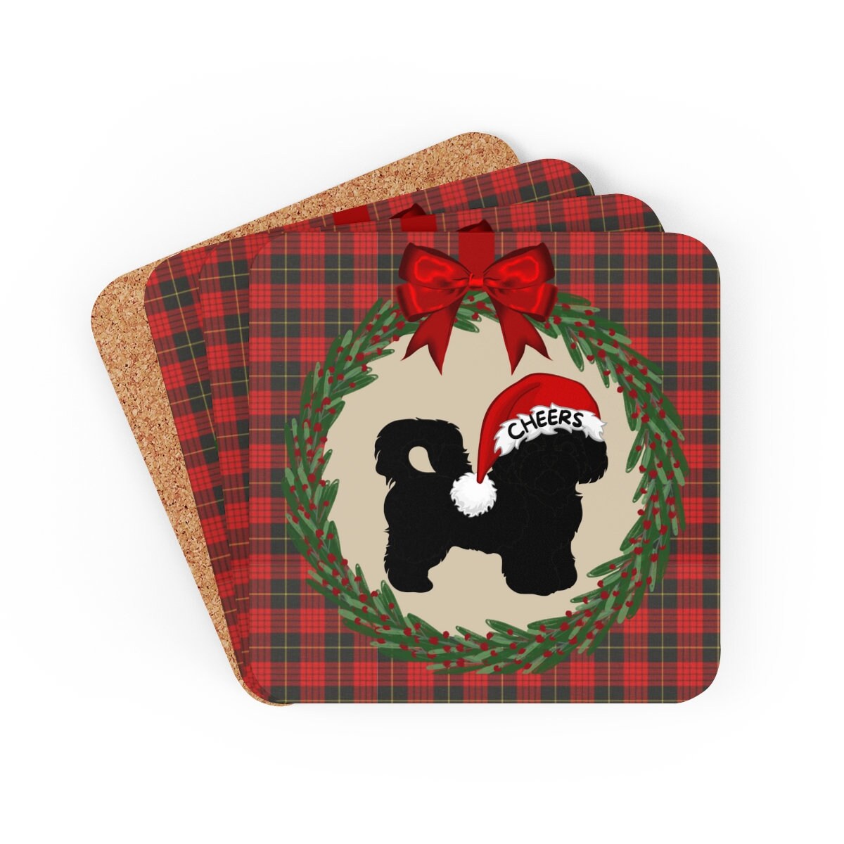 Shih Tzu - Shih-poo Christmas Corkwood Coaster Set (4), Red Plaid With Black Shih Tzu, Shih-poo Silhouette, Perfect Mom Dad Gift