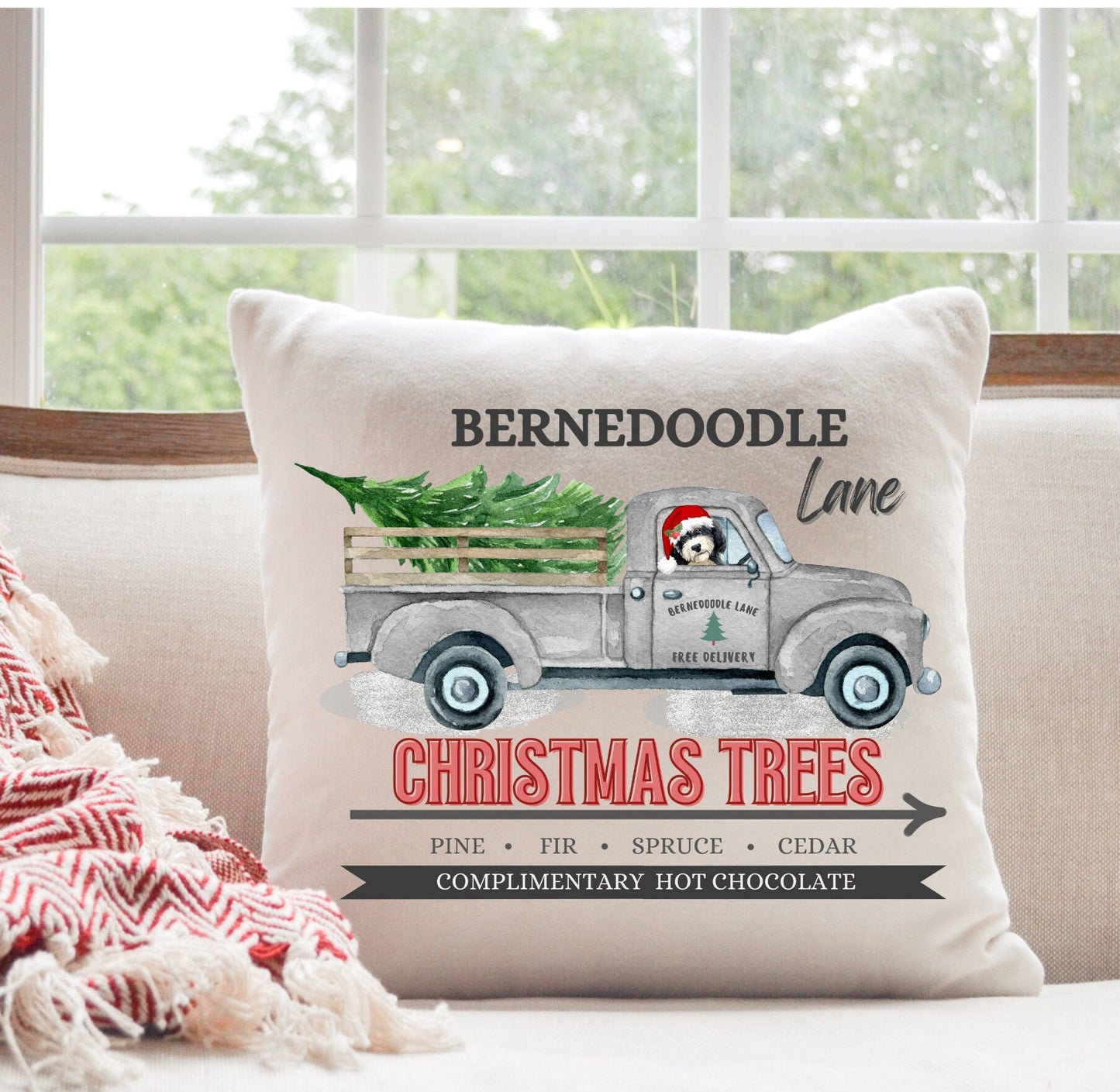 Bernedoodle Christmas Gift - Tree Farm Pillow, Bernedoodle Mom and Dad Gift, 16" X 16" Both Cover and Stuffing Included