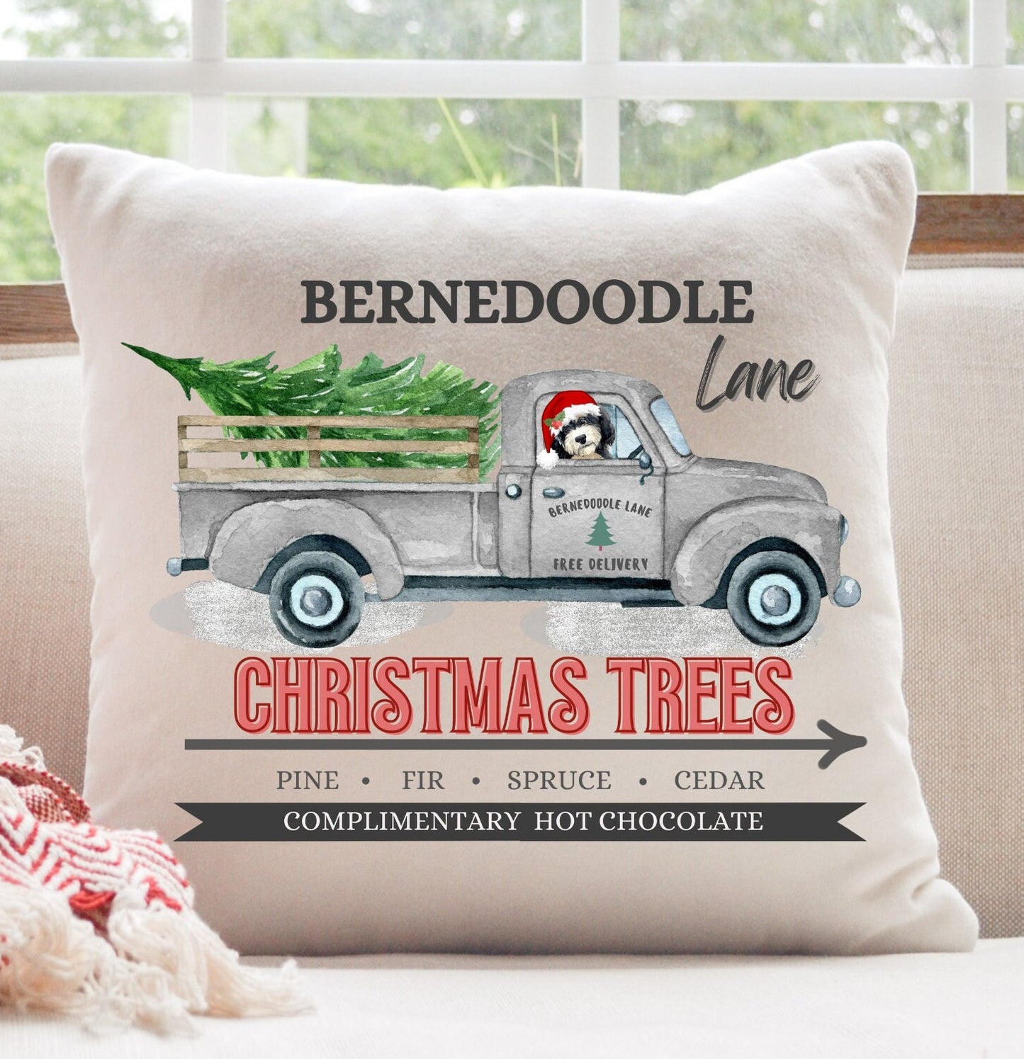 Bernedoodle Christmas Gift - Tree Farm Pillow, Bernedoodle Mom and Dad Gift, 16" X 16" Both Cover and Stuffing Included