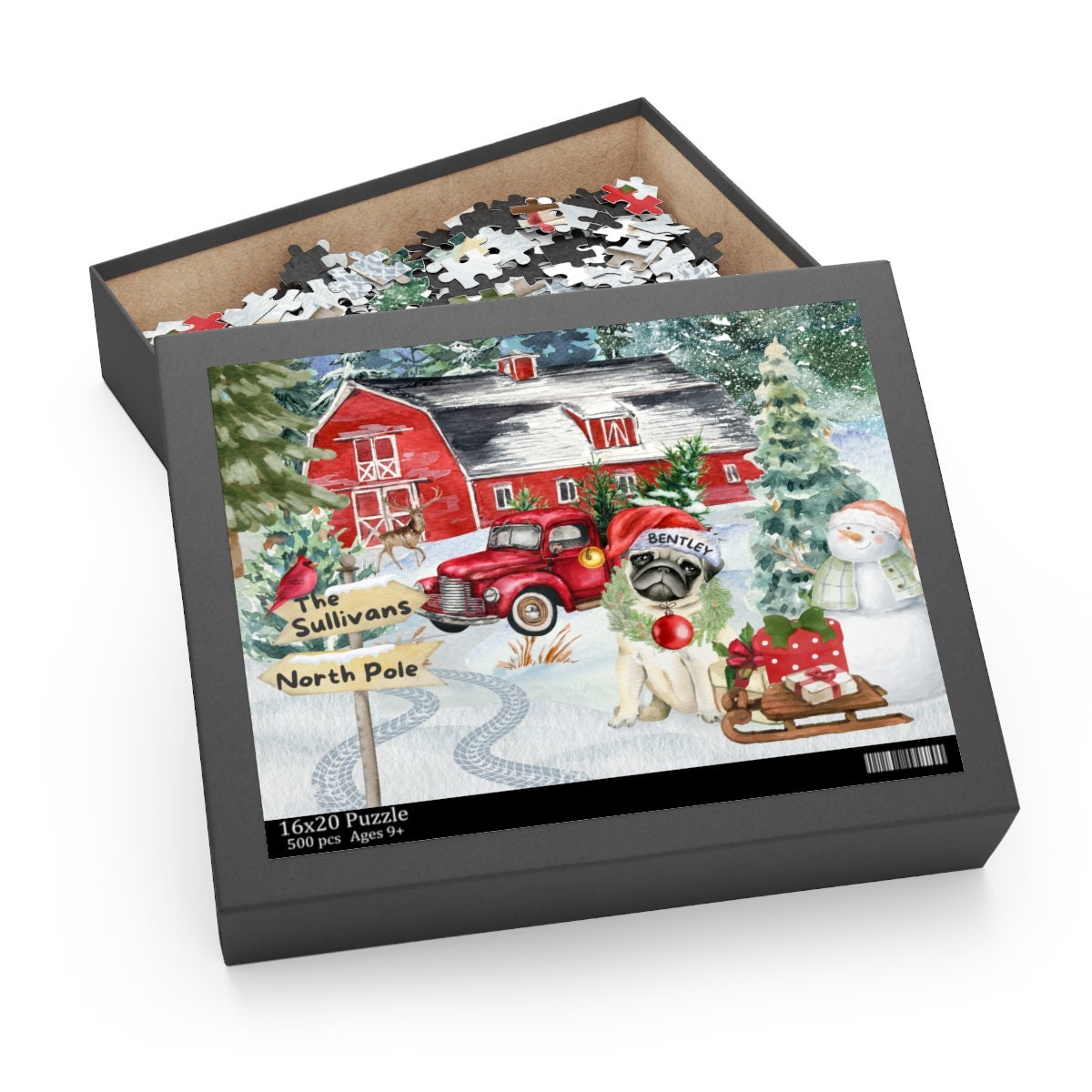 Personalized Pug Christmas Puzzle Gift - Customized Pug Mom or Dad Gift Idea, (120, 252, 500-Piece) Gift Box Included