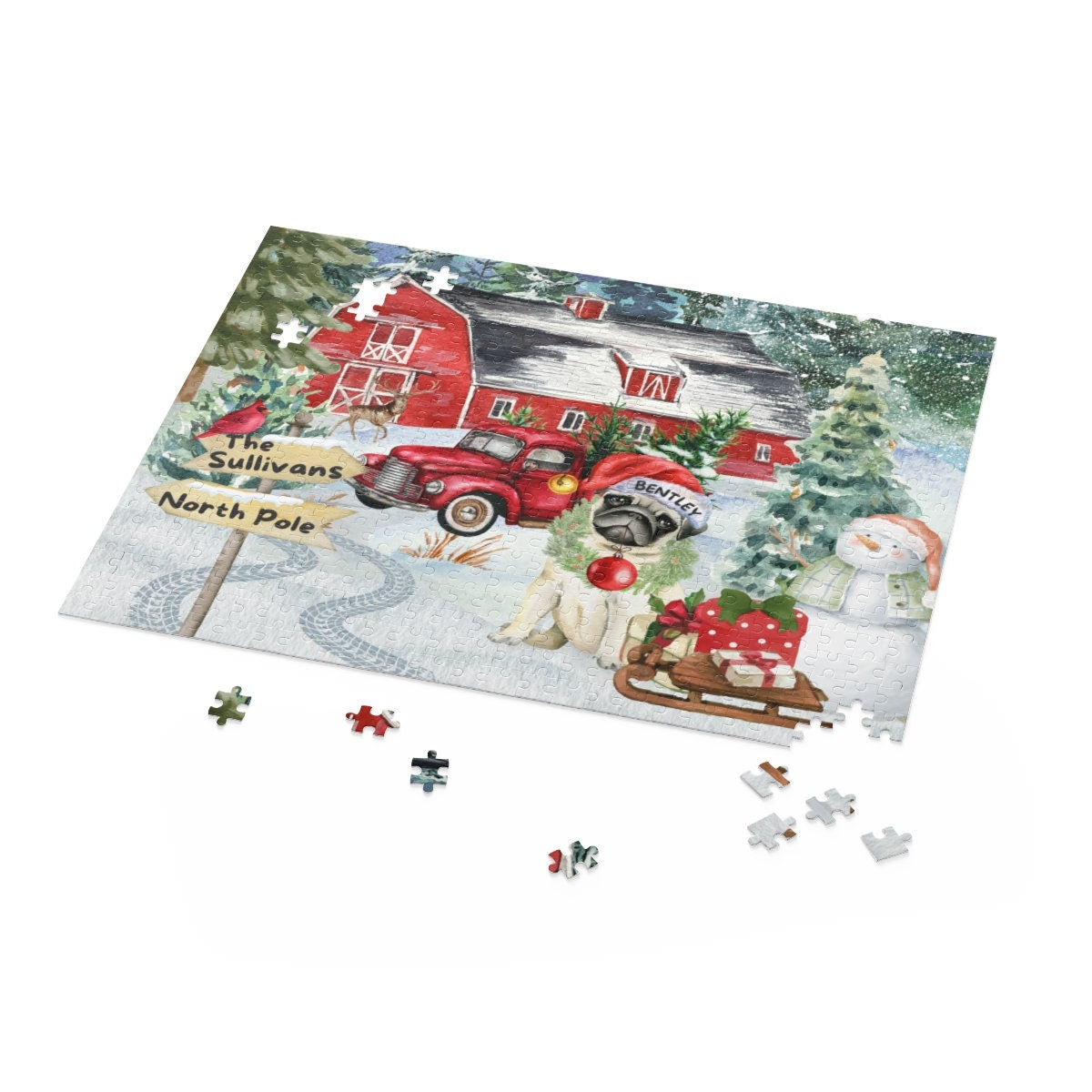 Personalized Pug Christmas Puzzle Gift - Customized Pug Mom or Dad Gift Idea, (120, 252, 500-Piece) Gift Box Included