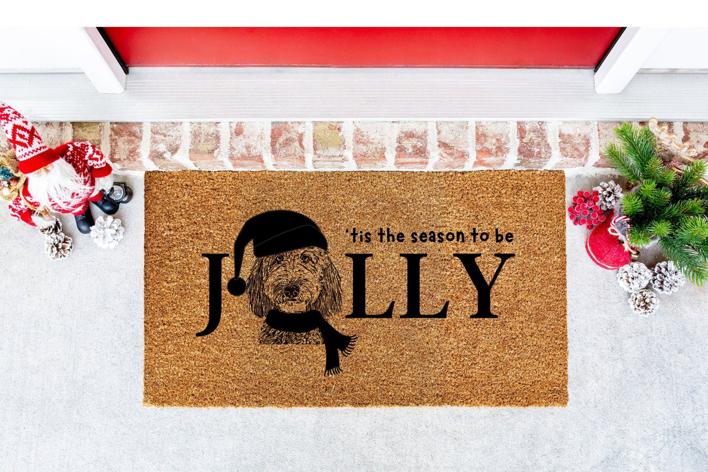 Doodle Dog Jolly Christmas Doormat Rug - Doodle Mom or Dad Holiday Gift, Goldendoodle, Bernedoodle, Labradoodle and More Jolly Mat