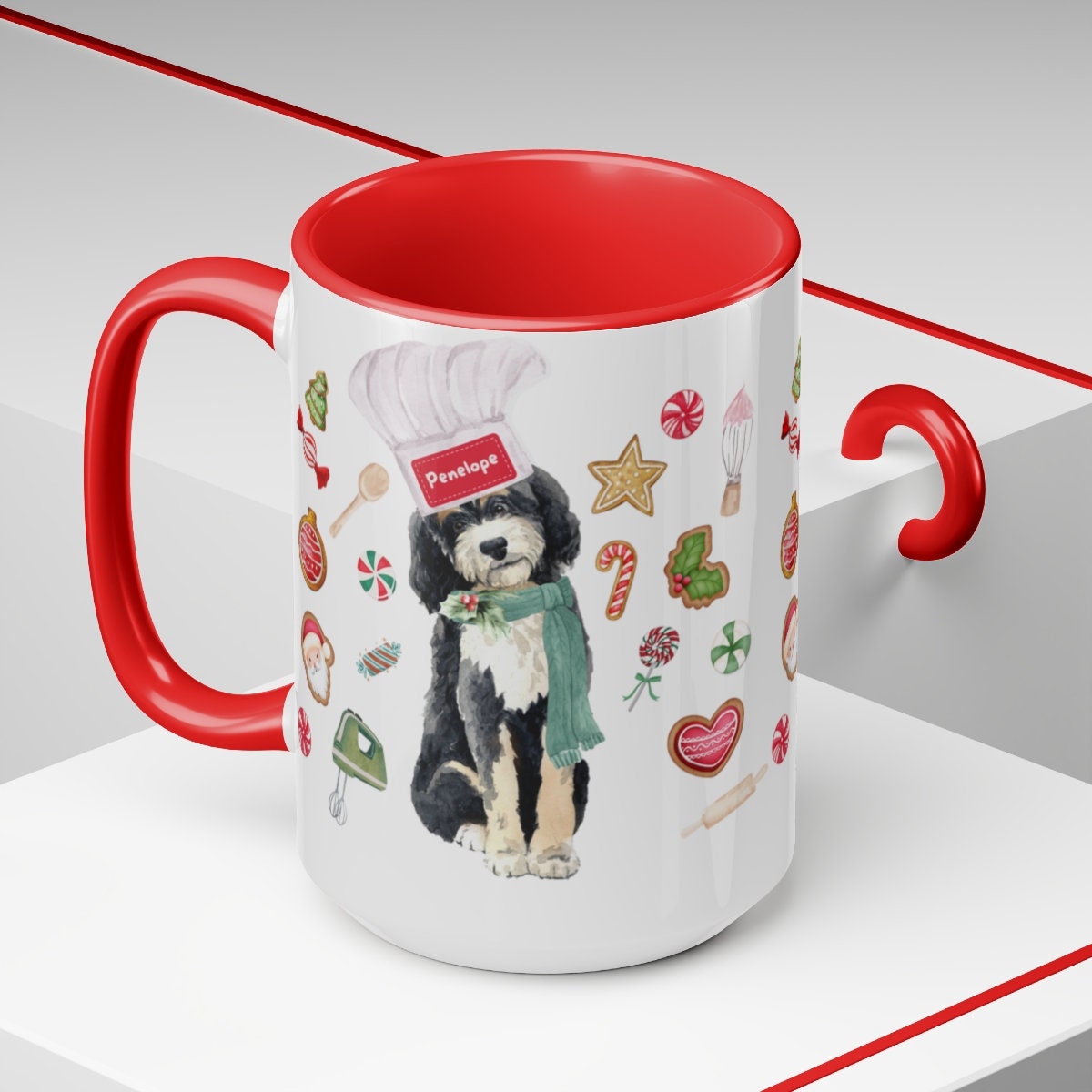 Personalized Bernedoodle Christmas Gift Mug - Great Bernedoodle Mom Gift Idea, Two-Tone Coffee Mugs, 15oz, 3 Color Choices