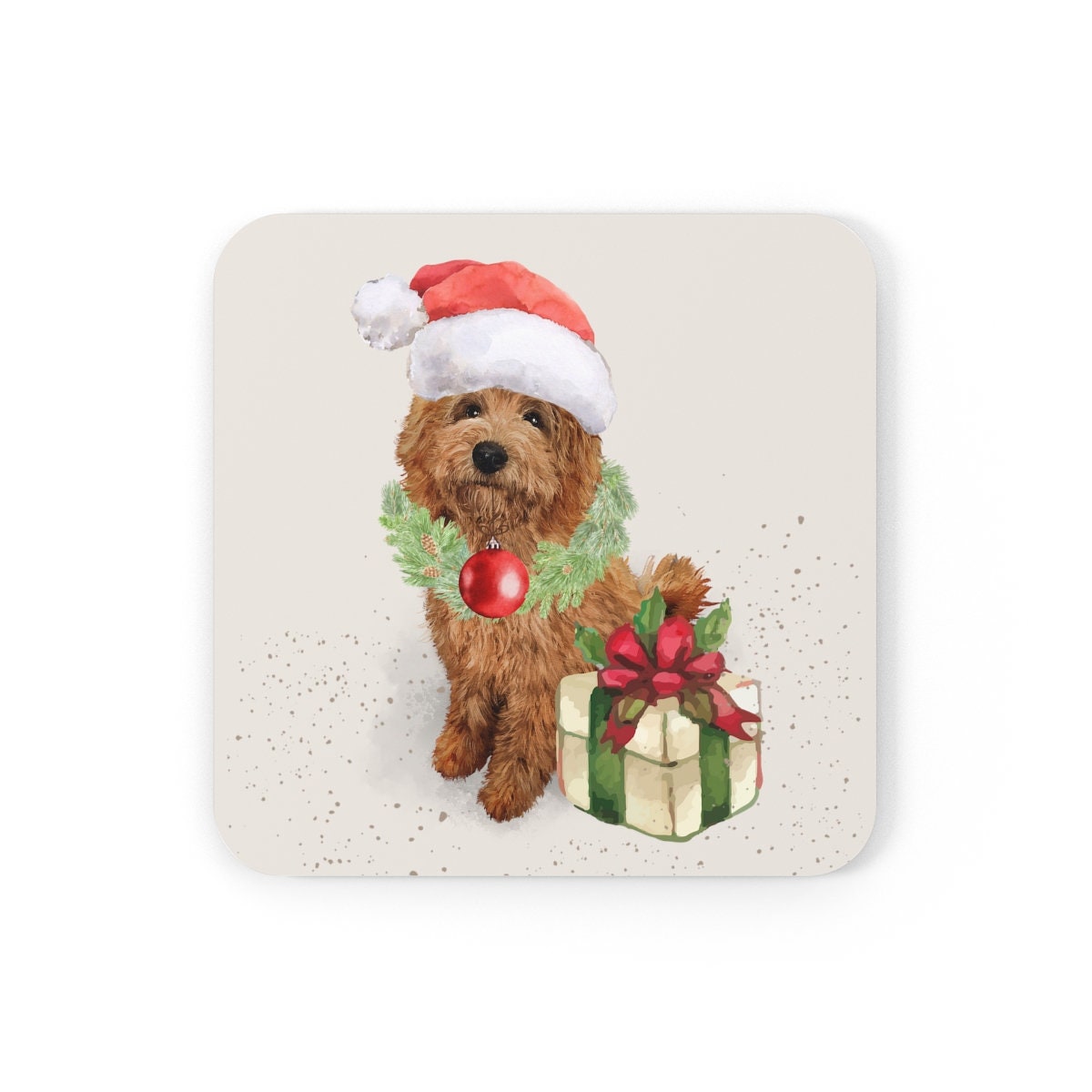 Apricot Doodle Christmas Coaster Set - Goldendoodle, Labradoodle, Doodle Dogs Mom and Dad Holiday Gift Idea, Corkwood Home Decor