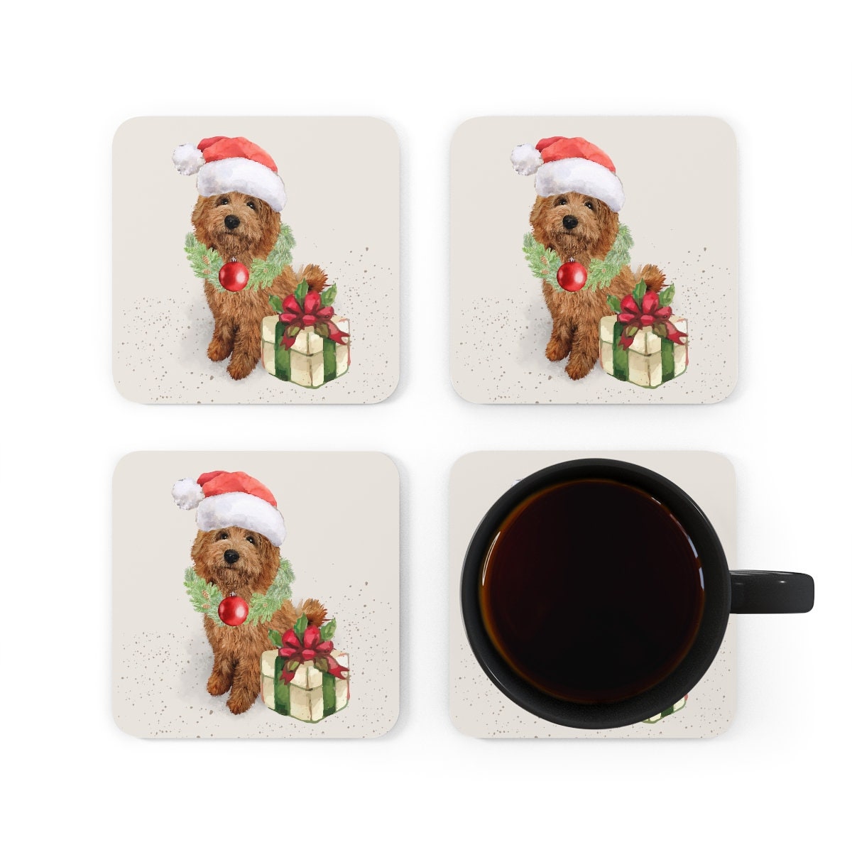 Apricot Doodle Christmas Coaster Set - Goldendoodle, Labradoodle, Doodle Dogs Mom and Dad Holiday Gift Idea, Corkwood Home Decor