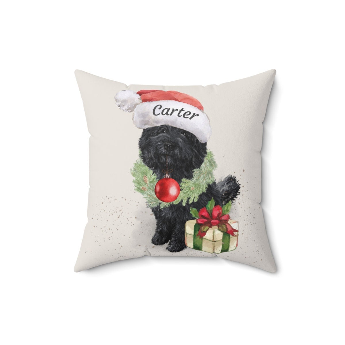 Black Doodle Christmas Pillow Beige Background - Labradoodle, Goldendoodle, Doodle Dog Mom/ Dad Gift, Personalized Doodle Keepsake