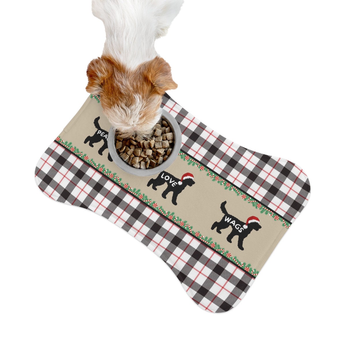 Doodle Dog Pet Feeding Mat - Bone-shaped Plaid Christmas Edition, Great Gift Idea for Doodle Mom Or Dad, Doodle Pet Bowl Mat, Food