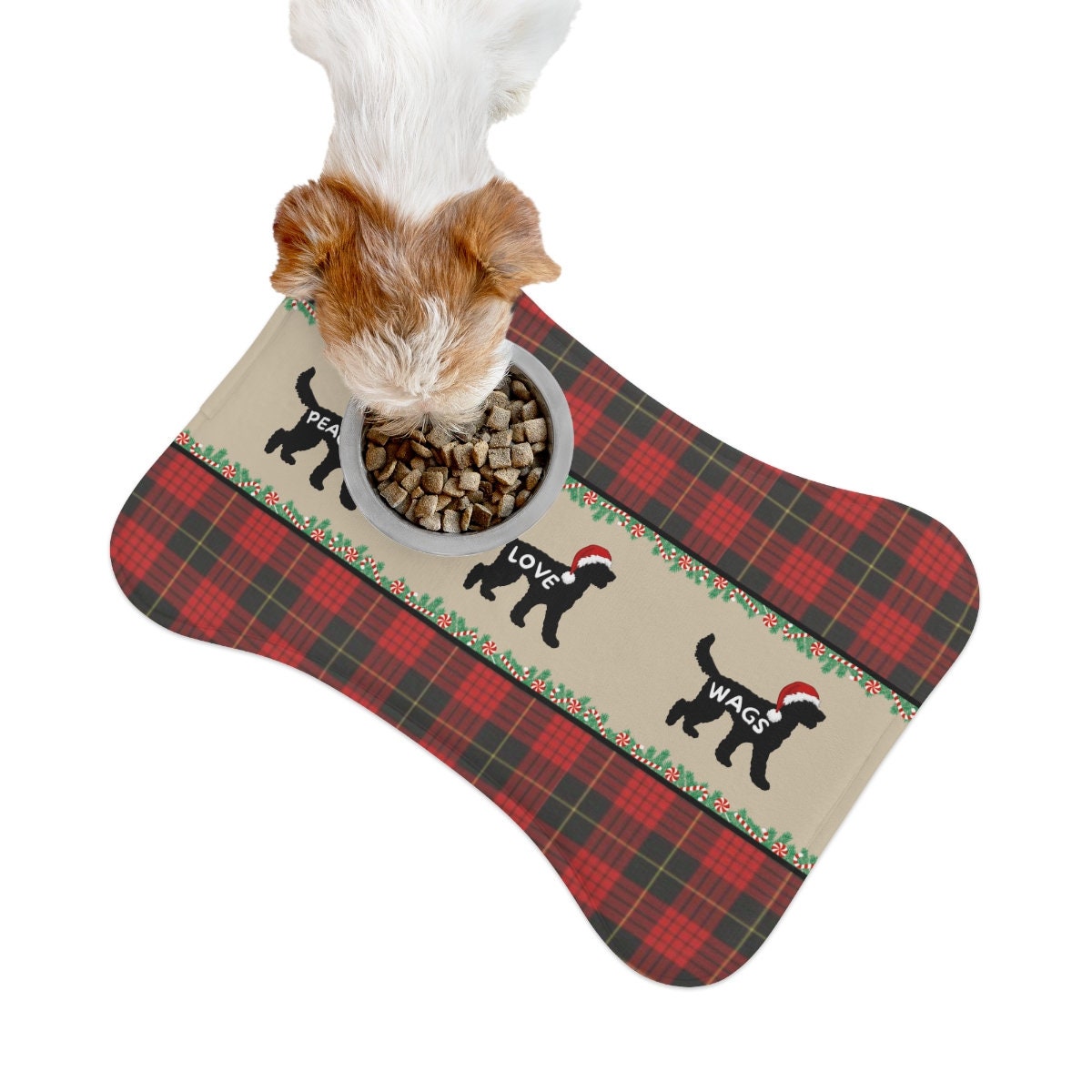 Doodle Dog Pet Feeding Mat - Bone-shaped Tartain Plaid Christmas Mat, Great Gift Idea for Doodle Mom Or Dad, Pet Bowl Mat, Food Bo