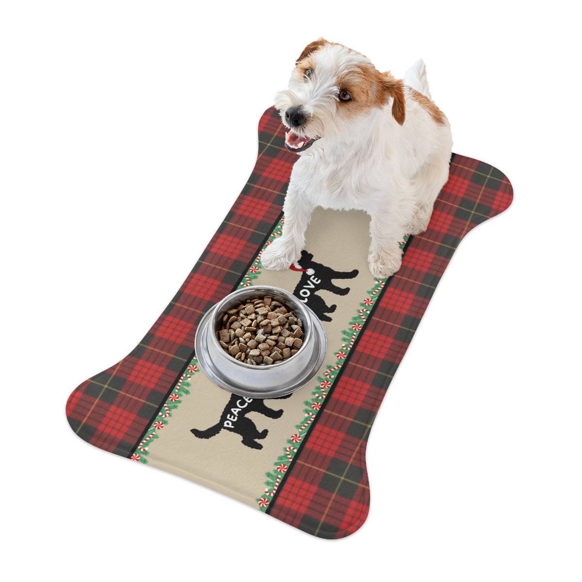 Doodle Dog Pet Feeding Mat - Bone-shaped Tartain Plaid Christmas Mat, Great Gift Idea for Doodle Mom Or Dad, Pet Bowl Mat, Food Bo