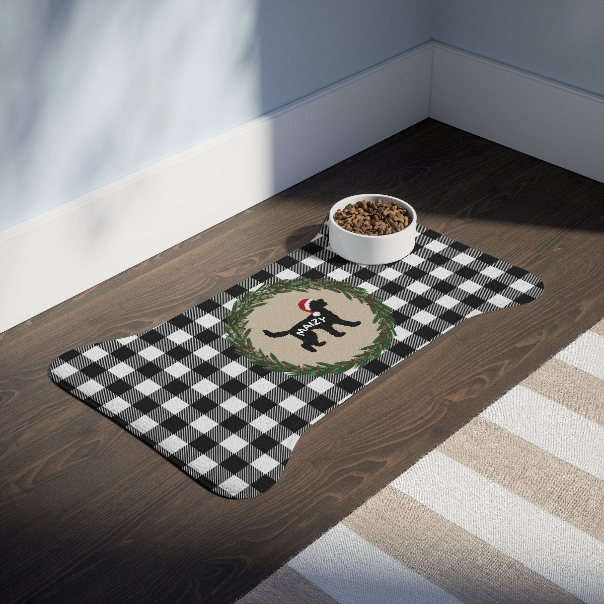 Personalized Doodle Dog Feeding Mat - Bone-shaped Pet Mat, Buffalo Check Pattern, Pet Bowl Mat, Food Bowl Rug, 2 Sizes