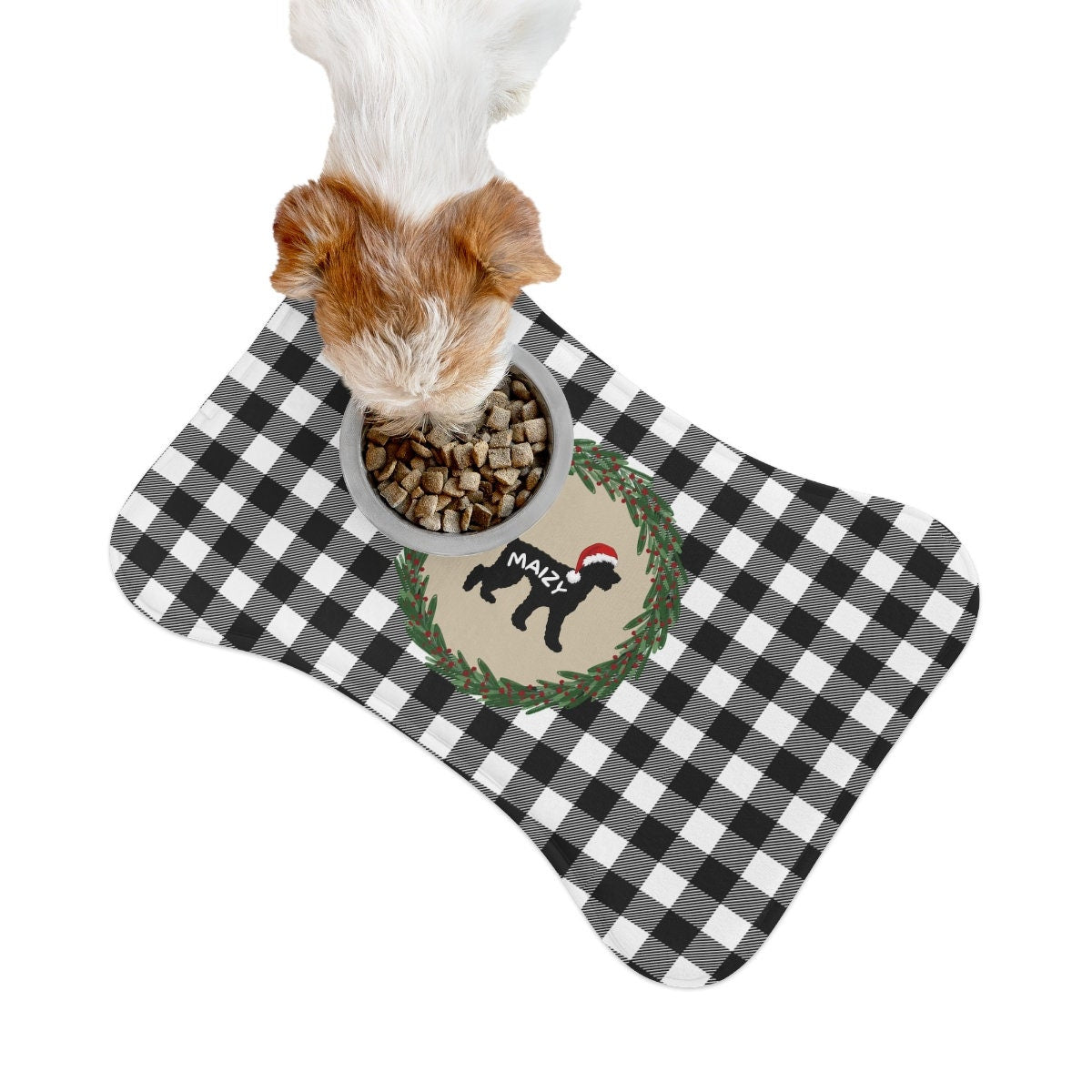 Personalized Doodle Dog Feeding Mat - Bone-shaped Pet Mat, Buffalo Check Pattern, Pet Bowl Mat, Food Bowl Rug, 2 Sizes