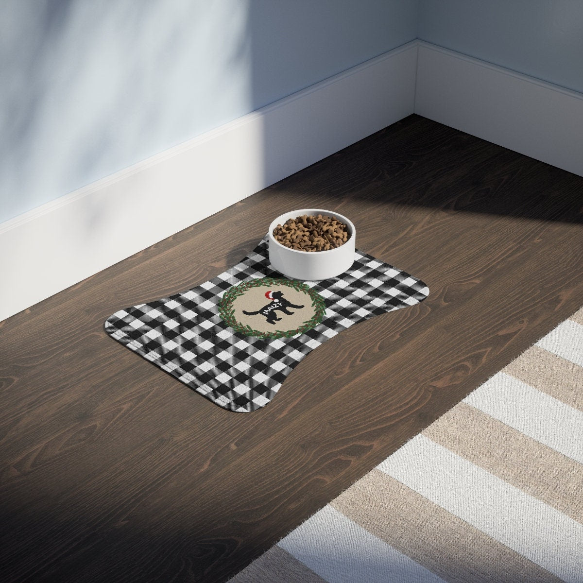 Personalized Doodle Dog Feeding Mat - Bone-shaped Pet Mat, Buffalo Check Pattern, Pet Bowl Mat, Food Bowl Rug, 2 Sizes