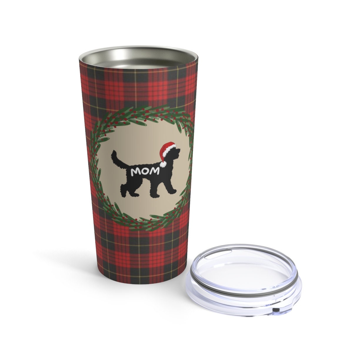 Doodle Mom Christmas Tumbler - Red Plaid With Doodle Dog Silhouette, Stainless Travel Size, 20oz, Perfect Holiday Gift for Doodle