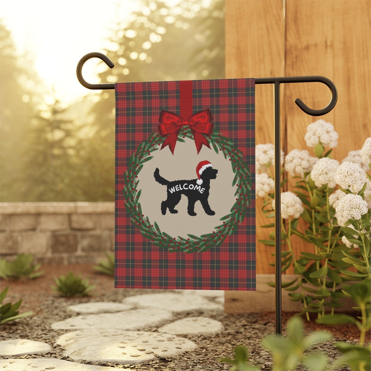 Doodle Dog Christmas Yard Flag - Holiday Gift Idea for Doodle Mom or Dad, Welcome Sign, Silhouette Represents Most Doodle Breeds