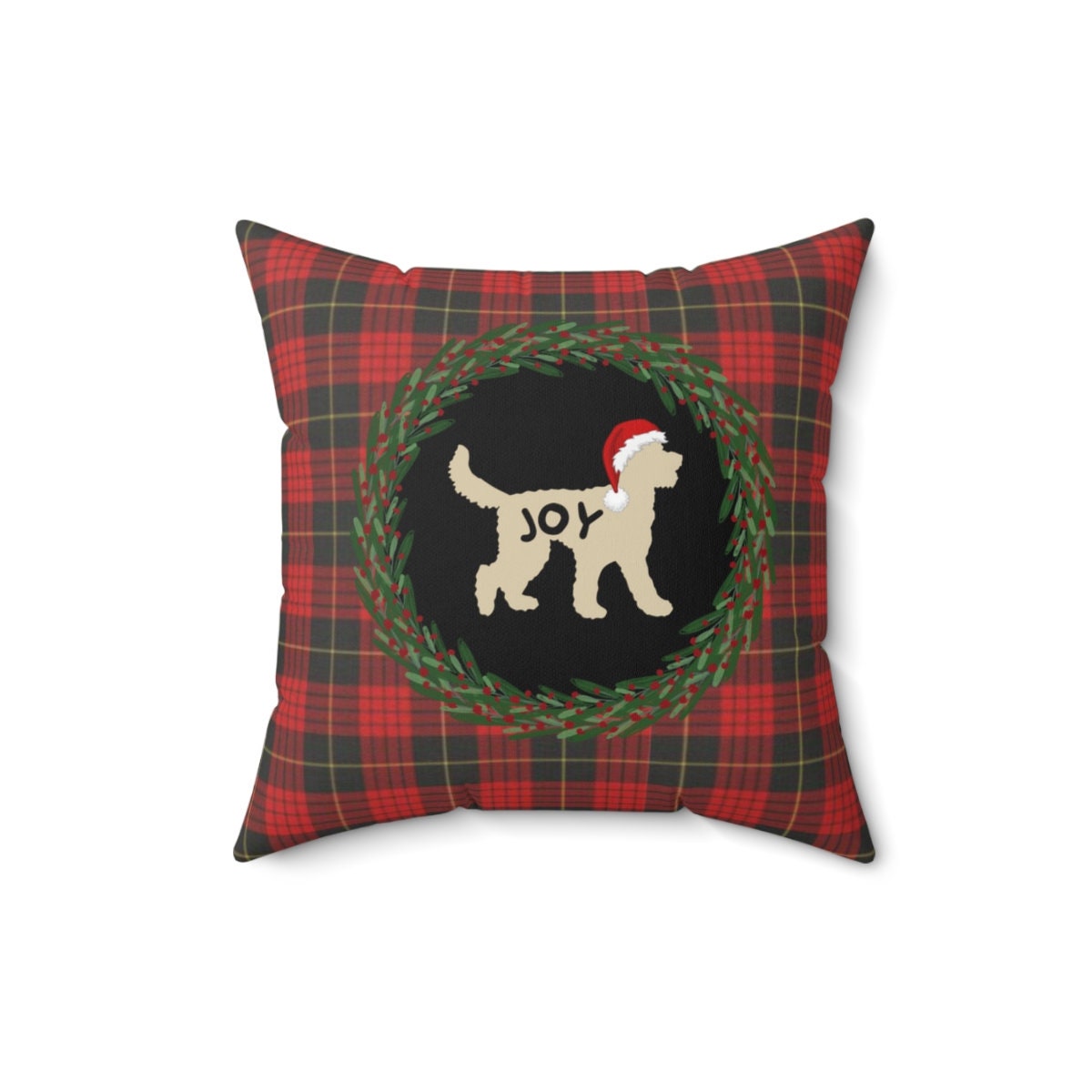 Doodle Dog Plaid Christmas  Pillow - Tan Doodle Silhouette Represents Light Colored Doodle Breeds, Perfect Gift for Doodle Mom or