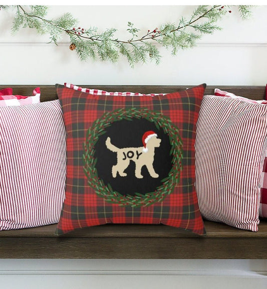 Doodle Dog Plaid Christmas  Pillow - Tan Doodle Silhouette Represents Light Colored Doodle Breeds, Perfect Gift for Doodle Mom or