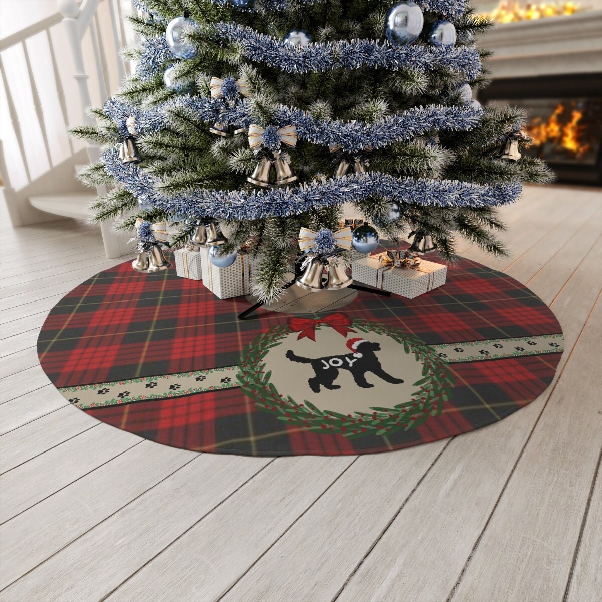 Doodle Dog Silhouette Christmas Tree Skirt - Red Plaid Holiday Decoration, Round 57", Doodle Dog Christmas Decor, Dog Tree Skirt