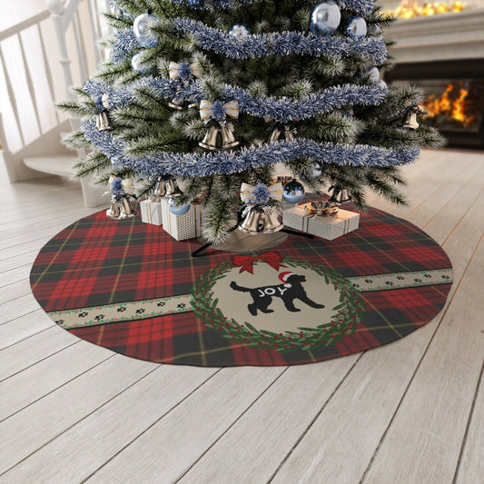 Doodle Dog Silhouette Christmas Tree Skirt - Red Plaid Holiday Decoration, Round 57", Doodle Dog Christmas Decor, Dog Tree Skirt