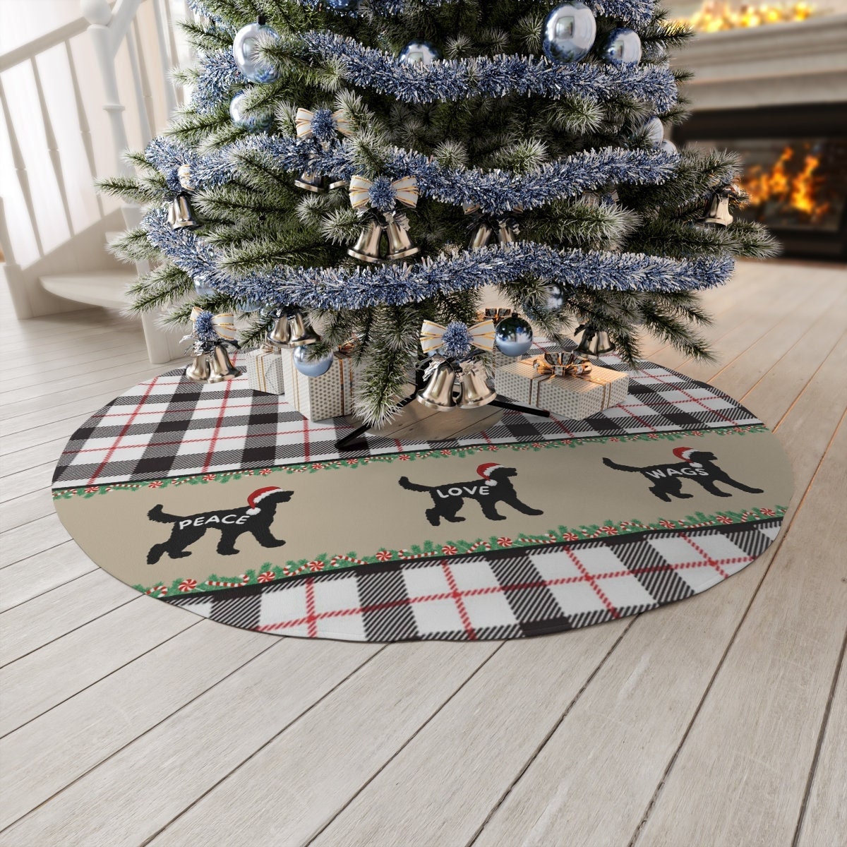 Doodle Dog Christmas Tree Skirt - Tree Skirt-Holiday Decoration  Round 57", Doodle Dog Decor, White, Black, Red Plaid