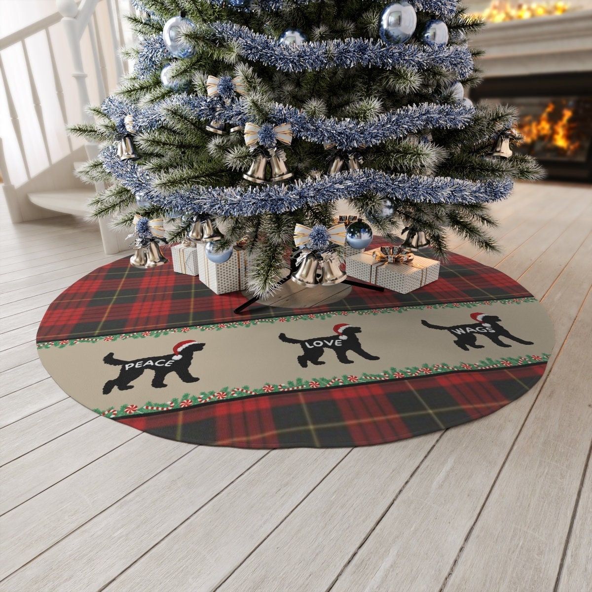 Doodle Dog Christmas Tree Skirt - Red Plaid Tree Skirt-Holiday Decoration  Round 57", Doodle Dog Decor, Aussiedoodle Decor