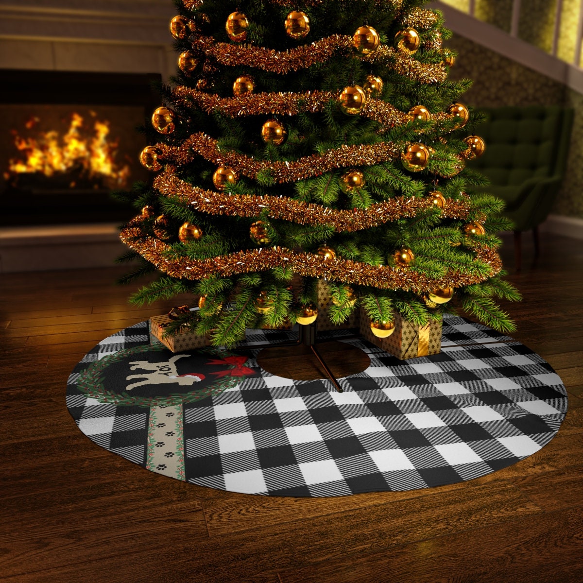 Doodle Dog Silhouette Christmas Tree Skirt - Buffalo Check Holiday Decoration, Round 57", Doodle Dog Christmas Decor