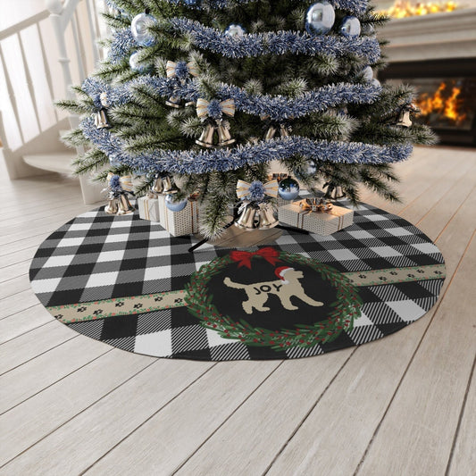 Doodle Dog Silhouette Christmas Tree Skirt - Buffalo Check Holiday Decoration, Round 57", Doodle Dog Christmas Decor