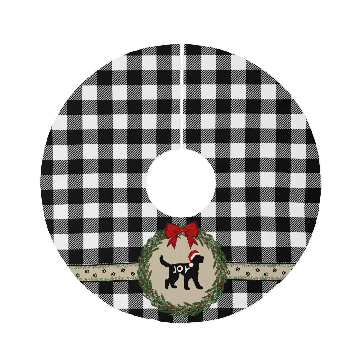 Doodle Dog Silhouette Christmas Tree Skirt - Buffalo Check  Holiday Decoration, Round 57", Doodle Dog Christmas Decor