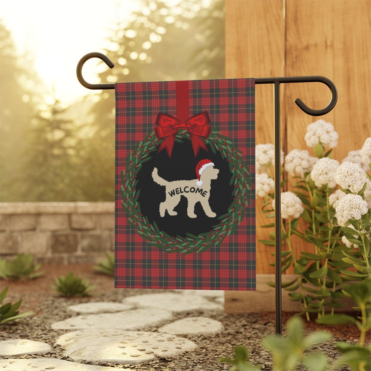 Doodle Dog Christmas Yard Flag - Gift Idea for Doodle Mom or Dad, Welcome Sign, Tan Silhouette Represents Most Light Colored Doodl